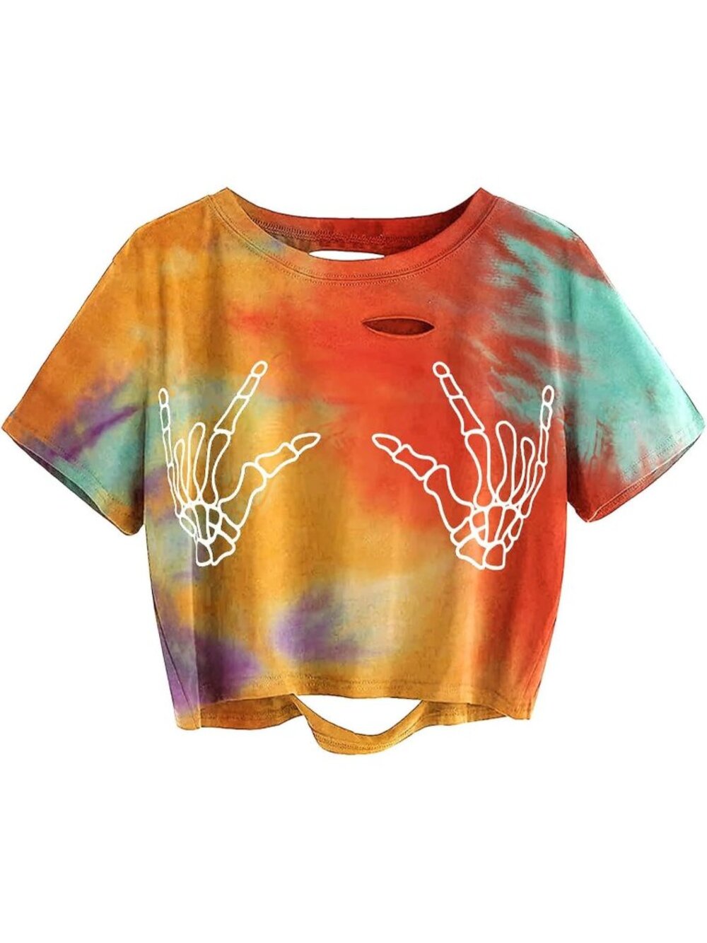 Women's Muti C Skull Finger Graphic Distressed Ripped Crop Tops Tee Shirt